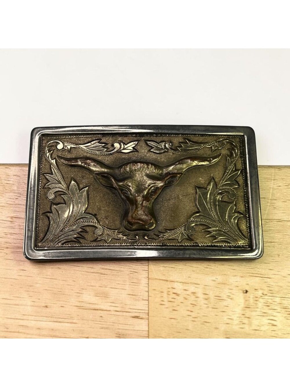 Vintage Western Belt Buckle With Longhorn Head Design & Intricate Scrollwork